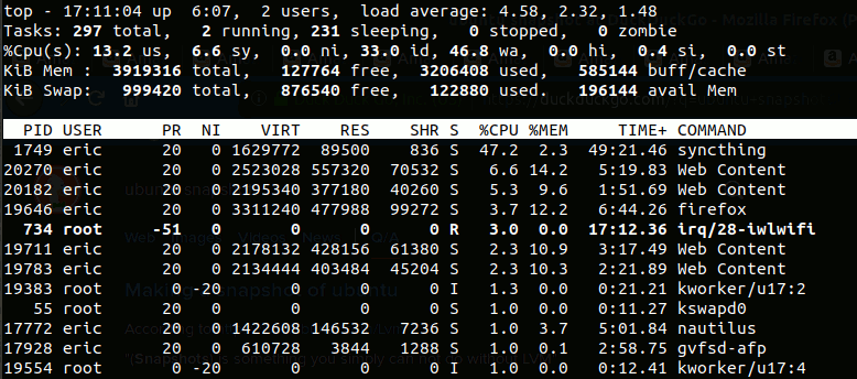 A screenshot showing SyncThing using too much CPU.